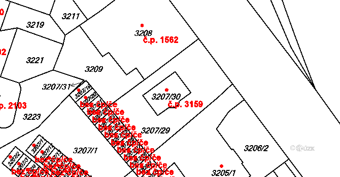 Teplice 3159 na parcele st. 3207/30 v KÚ Teplice, Katastrální mapa