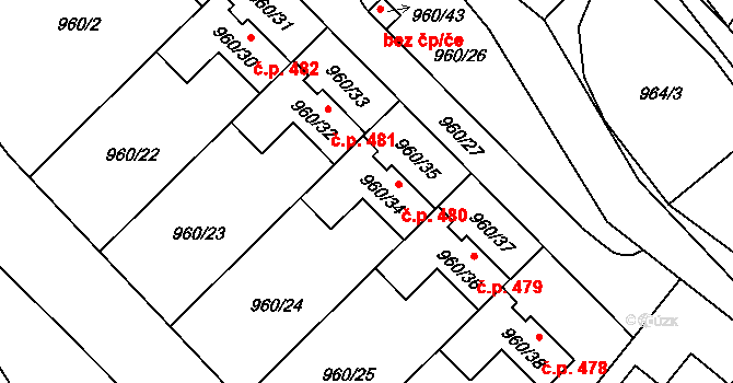 Želešice 480 na parcele st. 960/34 v KÚ Želešice, Katastrální mapa