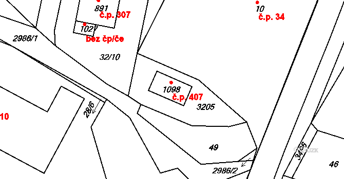 Komorní Lhotka 407 na parcele st. 1098 v KÚ Komorní Lhotka, Katastrální mapa