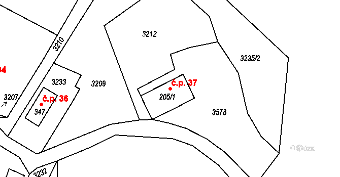 Hamry 37 na parcele st. 205/1 v KÚ Hamry na Šumavě, Katastrální mapa