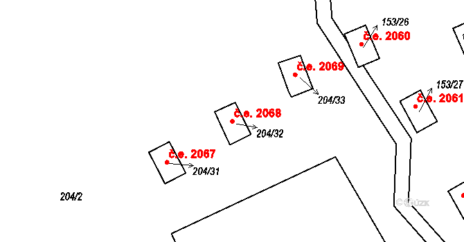Červený Hrádek 2068, Jirkov na parcele st. 204/32 v KÚ Červený Hrádek u Jirkova, Katastrální mapa