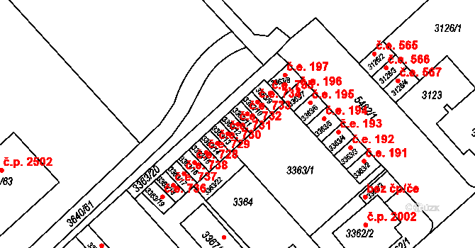 Znojmo 732 na parcele st. 3363/12 v KÚ Znojmo-město, Katastrální mapa
