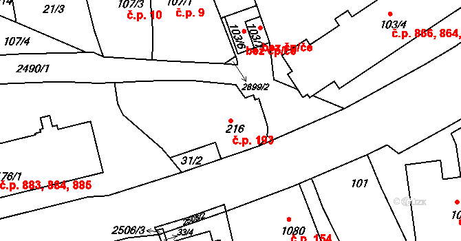 Luhačovice 193 na parcele st. 216 v KÚ Luhačovice, Katastrální mapa