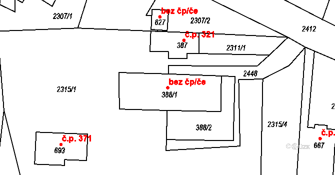 Hudlice 43510981 na parcele st. 388/1 v KÚ Hudlice, Katastrální mapa