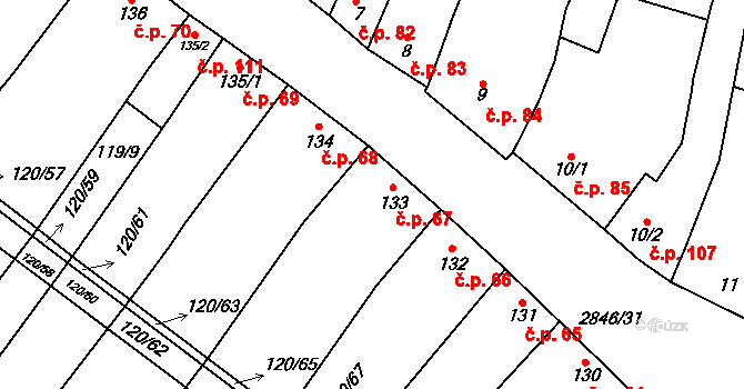 Drysice 67 na parcele st. 133 v KÚ Drysice, Katastrální mapa