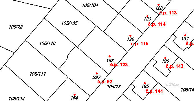 Sušice 123 na parcele st. 163 v KÚ Sušice u Uherského Hradiště, Katastrální mapa