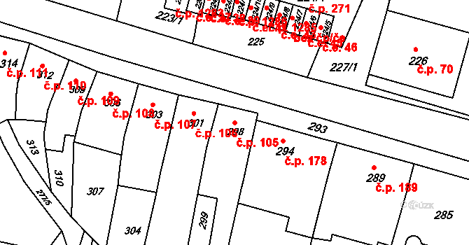 Pustiměř 105 na parcele st. 298 v KÚ Pustiměř, Katastrální mapa