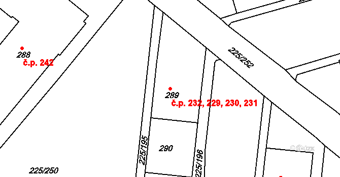 Meziboří 229,230,231,232 na parcele st. 289 v KÚ Meziboří u Litvínova, Katastrální mapa