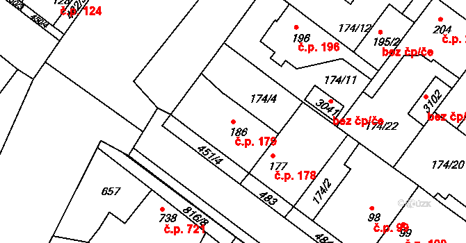Neratovice 179 na parcele st. 186 v KÚ Neratovice, Katastrální mapa