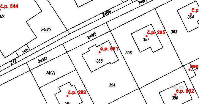Průhonice 501 na parcele st. 355 v KÚ Hole u Průhonic, Katastrální mapa