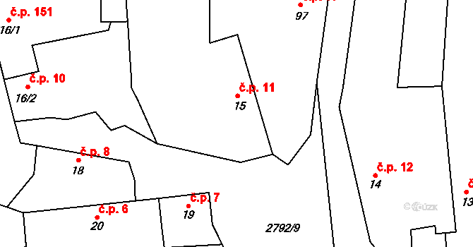Svéradice 11 na parcele st. 15 v KÚ Svéradice, Katastrální mapa