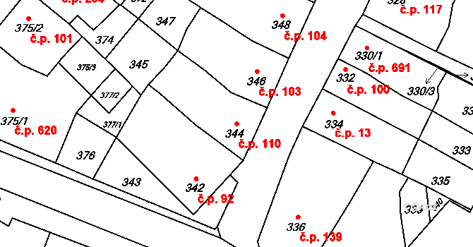 Rájec 110, Rájec-Jestřebí na parcele st. 344 v KÚ Rájec nad Svitavou, Katastrální mapa