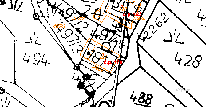 Merboltice 179 na parcele st. 181 v KÚ Merboltice, Katastrální mapa