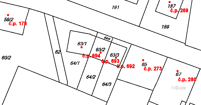 Liboc 693, Praha na parcele st. 63/2 v KÚ Liboc, Katastrální mapa