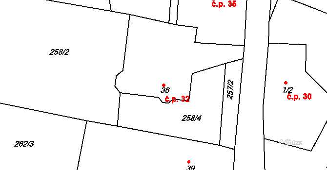 Vrbka 32, Kozlov na parcele st. 36 v KÚ Vrbka u Ledče nad Sázavou, Katastrální mapa