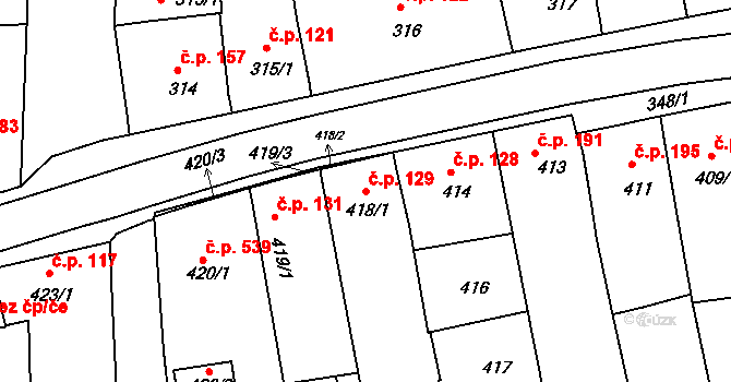 Hlohovec 129 na parcele st. 418/1 v KÚ Hlohovec, Katastrální mapa