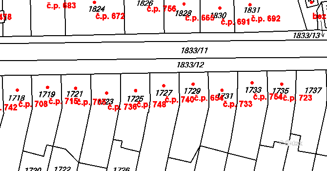 Hustopeče 740 na parcele st. 1727 v KÚ Hustopeče u Brna, Katastrální mapa