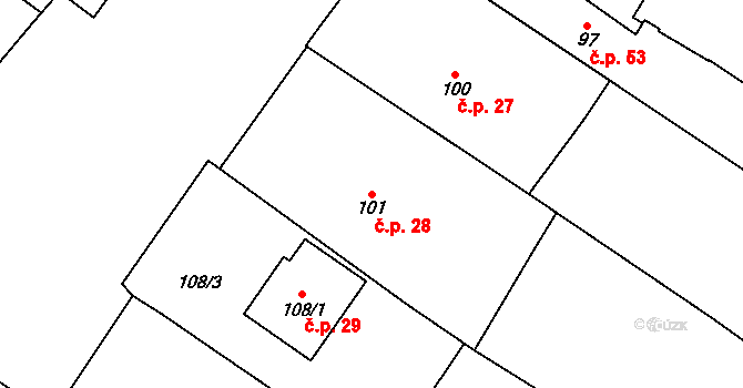 Derflice 28, Znojmo na parcele st. 101 v KÚ Derflice, Katastrální mapa