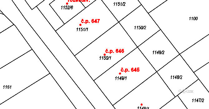 Šardice 646 na parcele st. 1150/1 v KÚ Šardice, Katastrální mapa