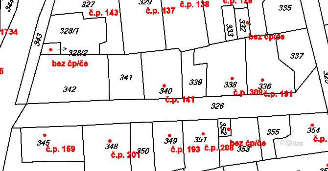 Švermov 141, Kladno na parcele st. 340 v KÚ Motyčín, Katastrální mapa