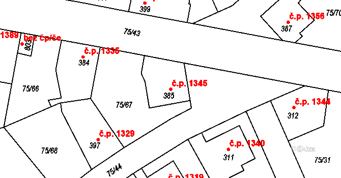 Švermov 1345, Kladno na parcele st. 385 v KÚ Hnidousy, Katastrální mapa