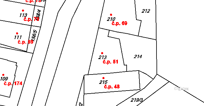 Spešov 51 na parcele st. 213 v KÚ Spešov, Katastrální mapa