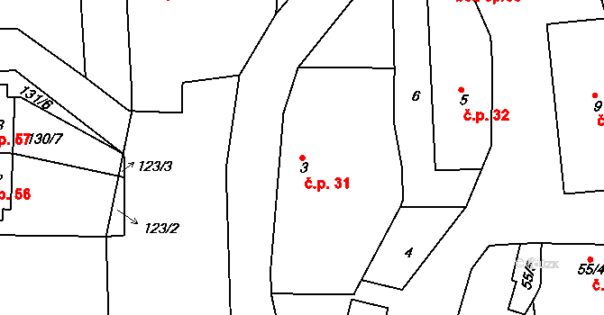 Vlčkovice 31, Praskačka na parcele st. 3 v KÚ Vlčkovice u Praskačky, Katastrální mapa