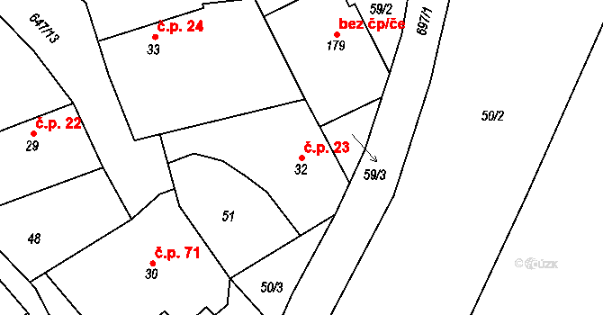 Chomutice 23 na parcele st. 32 v KÚ Chomutice, Katastrální mapa