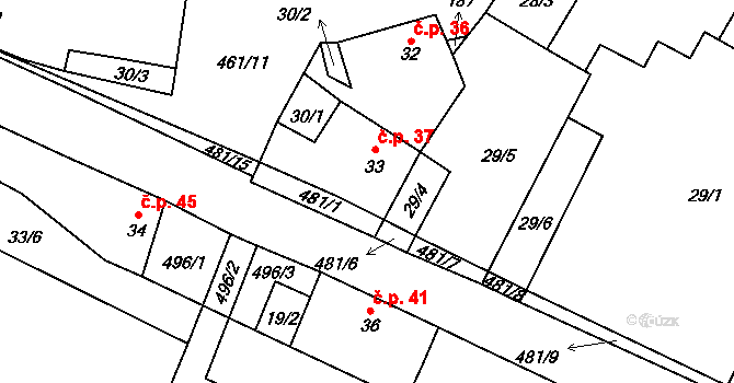 Třeboutice 37, Křešice na parcele st. 33 v KÚ Třeboutice, Katastrální mapa