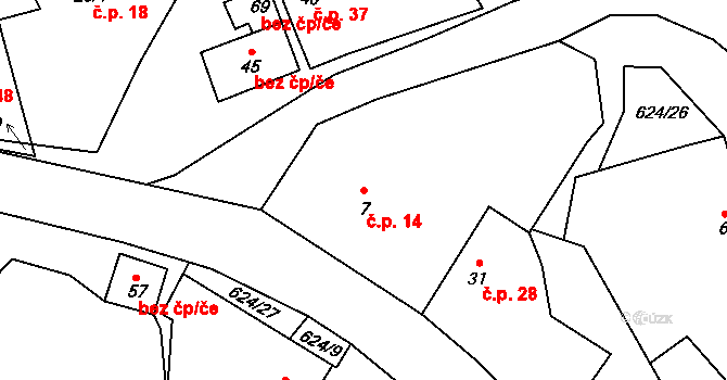 Kloužovice 14, Chýnov na parcele st. 7 v KÚ Kloužovice, Katastrální mapa