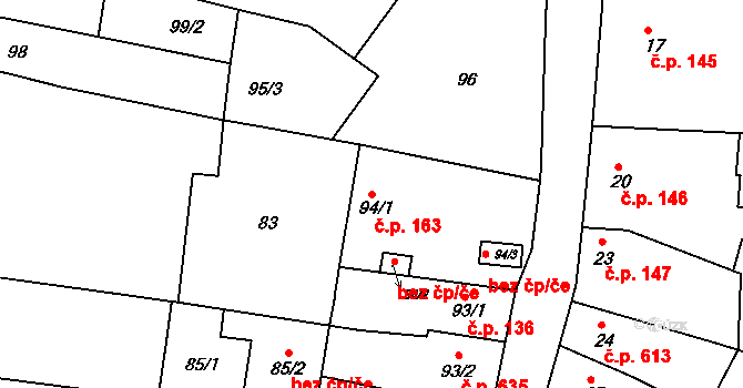 Obřany 163, Brno na parcele st. 94/1 v KÚ Obřany, Katastrální mapa