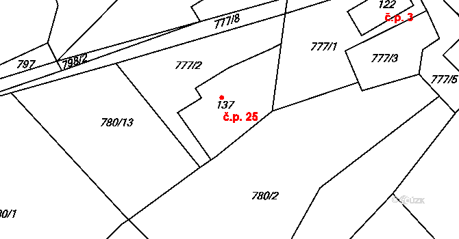 Veselí 25, Železný Brod na parcele st. 137 v KÚ Bzí u Železného Brodu, Katastrální mapa