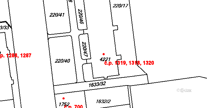 Cheb 1318,1319,1320 na parcele st. 4221 v KÚ Cheb, Katastrální mapa