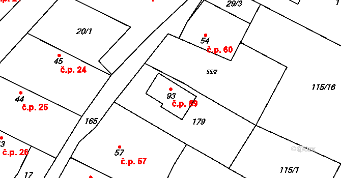 Barchůvek 59, Měník na parcele st. 93 v KÚ Barchůvek, Katastrální mapa