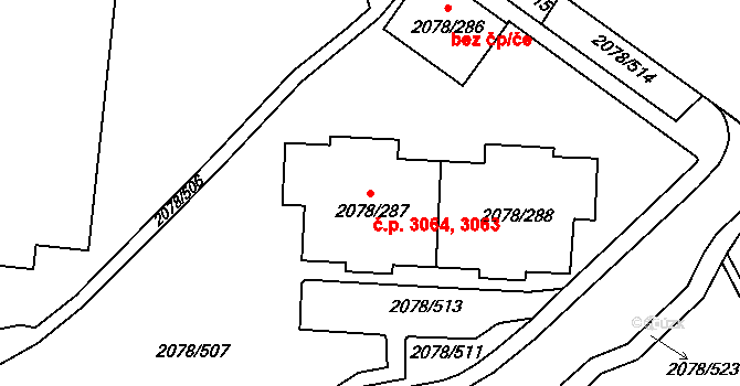 Záběhlice 3063,3064, Praha na parcele st. 2078/287 v KÚ Záběhlice, Katastrální mapa