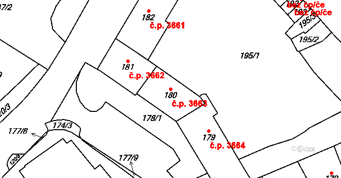 Chomutov 3663 na parcele st. 180 v KÚ Chomutov I, Katastrální mapa