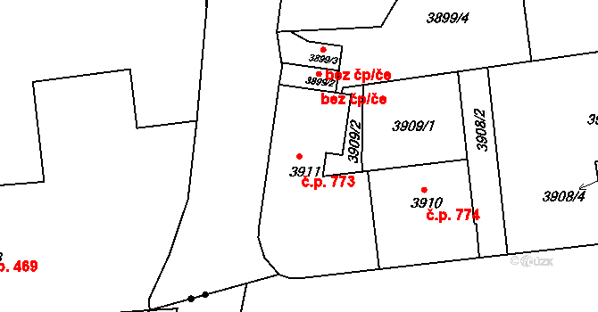 Liberec III-Jeřáb 773, Liberec na parcele st. 3911 v KÚ Liberec, Katastrální mapa