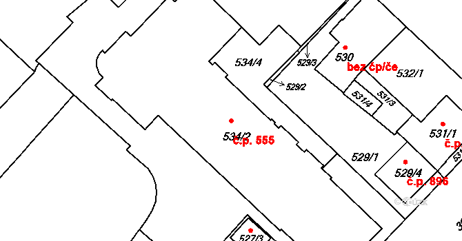 Fryštát 555, Karviná na parcele st. 534/2 v KÚ Karviná-město, Katastrální mapa