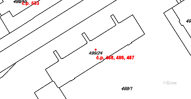 Ráj 486,487,488, Karviná na parcele st. 499/24 v KÚ Ráj, Katastrální mapa