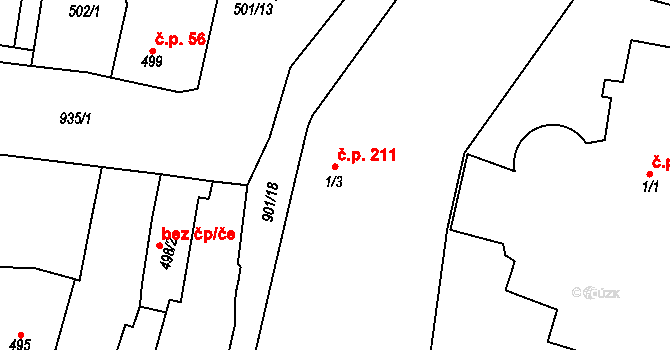 Poběžovice 211 na parcele st. 1/3 v KÚ Poběžovice u Domažlic, Katastrální mapa
