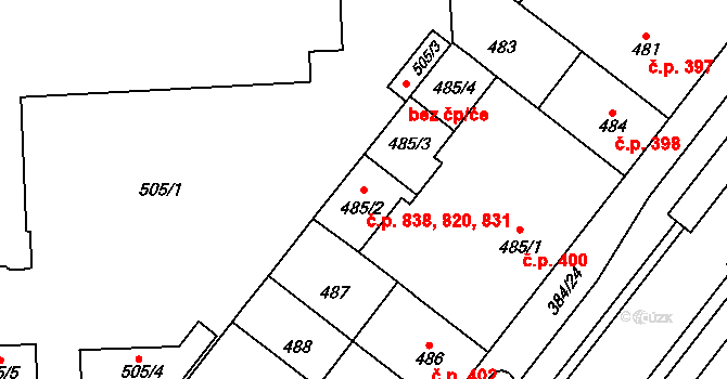 Štýřice 820,831,838, Brno na parcele st. 485/2 v KÚ Štýřice, Katastrální mapa