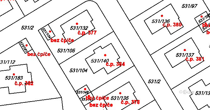 Šeberov 384, Praha na parcele st. 531/140 v KÚ Šeberov, Katastrální mapa