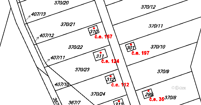 Dolní Žďár 124, Ostrov na parcele st. 311 v KÚ Dolní Žďár u Ostrova, Katastrální mapa