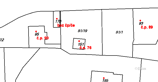 Borek 76, Rokycany na parcele st. 151 v KÚ Borek u Rokycan, Katastrální mapa