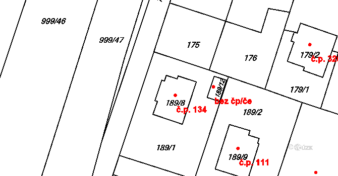 Oldřišov 134 na parcele st. 189/8 v KÚ Oldřišov, Katastrální mapa