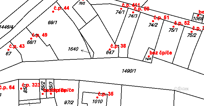 Kostelec nad Labem 38 na parcele st. 647 v KÚ Kostelec nad Labem, Katastrální mapa