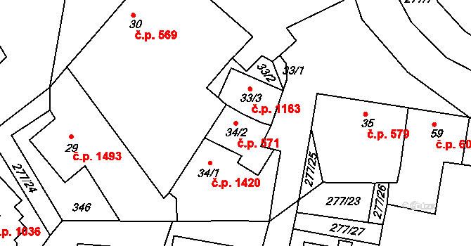 Rudná 571 na parcele st. 34/2 v KÚ Hořelice, Katastrální mapa