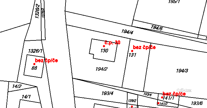 Srby 30 na parcele st. 130 v KÚ Srby u Horšovského Týna, Katastrální mapa