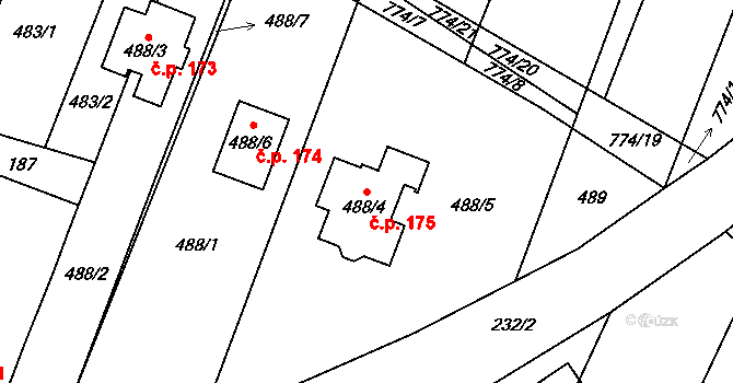 Čučice 175 na parcele st. 488/4 v KÚ Čučice, Katastrální mapa