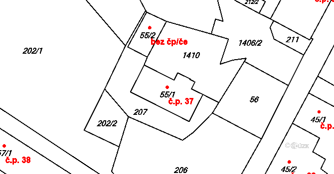 Heřmanice u Oder 37 na parcele st. 55/1 v KÚ Heřmanice u Oder, Katastrální mapa